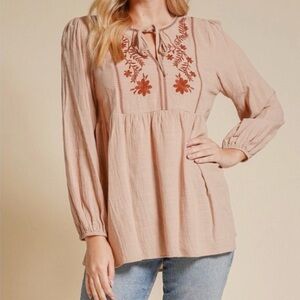 Hem & Thread Embroidered Beige Blouse